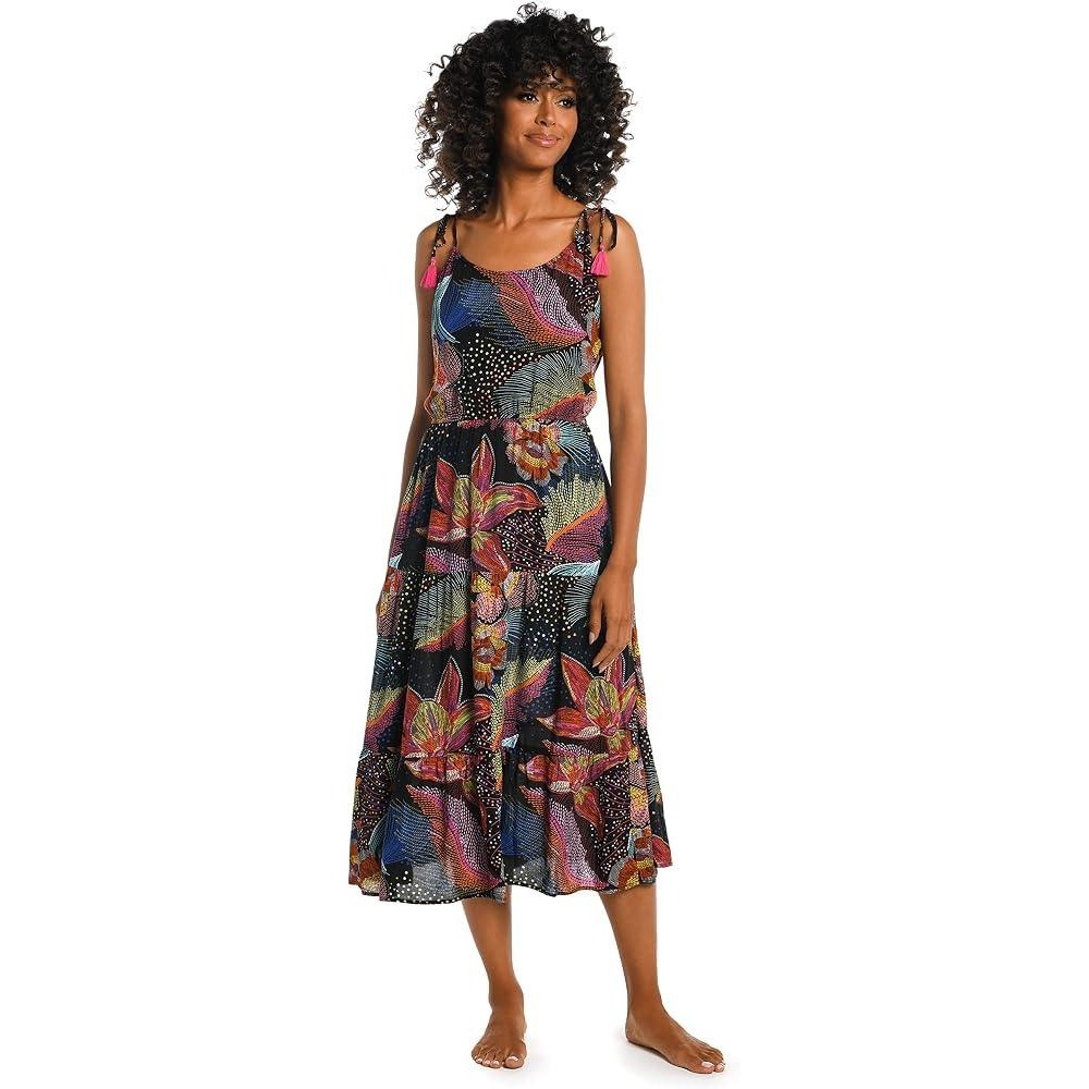La Blanca Floral Tassel Midi Dress Women XL Multicolor Boho Tropical High-Low